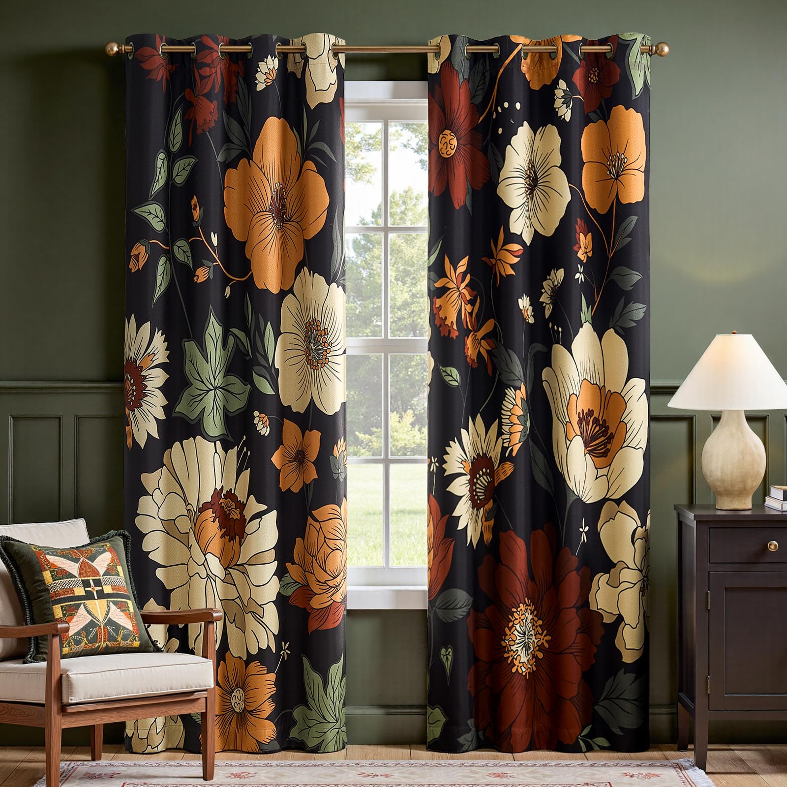 Jinchan Lora vintage floral curtains with interlocking pattern add cohesive wall art when closed.