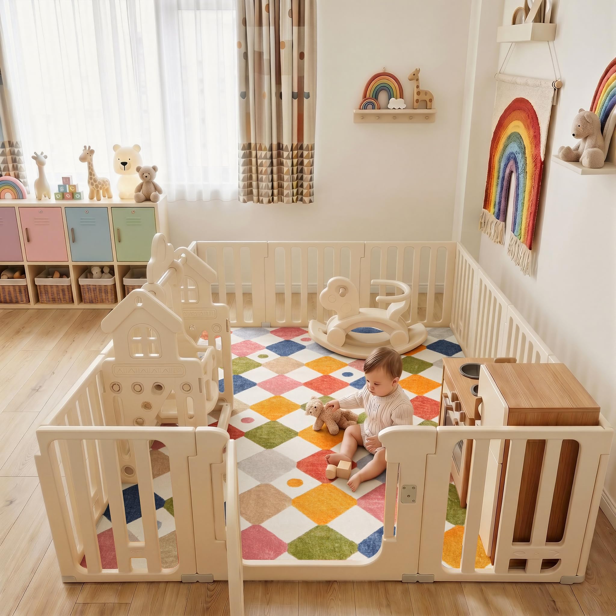 Colorful block pattern sparks imaginative play in the playroom.