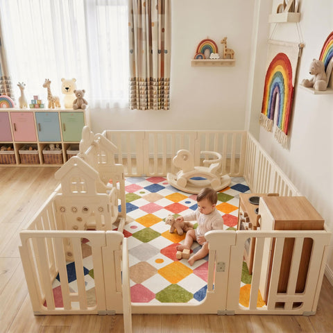 Colorful block pattern sparks imaginative play in the playroom.