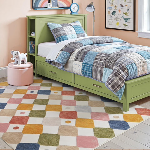 Play mat for blocks, reading, and cozy story time in bedrooms.