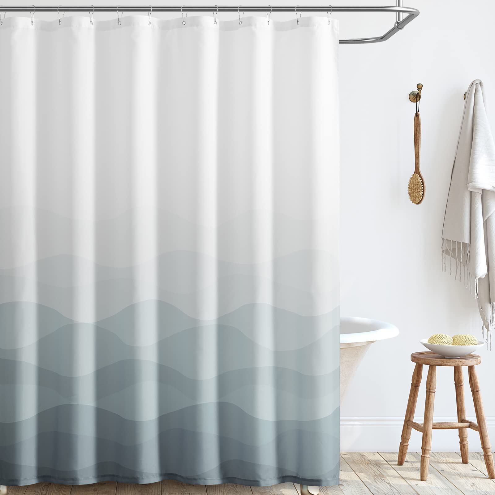 Jinchan ombre grey ocean wave curtain showing gradient hues for elegant bath decor