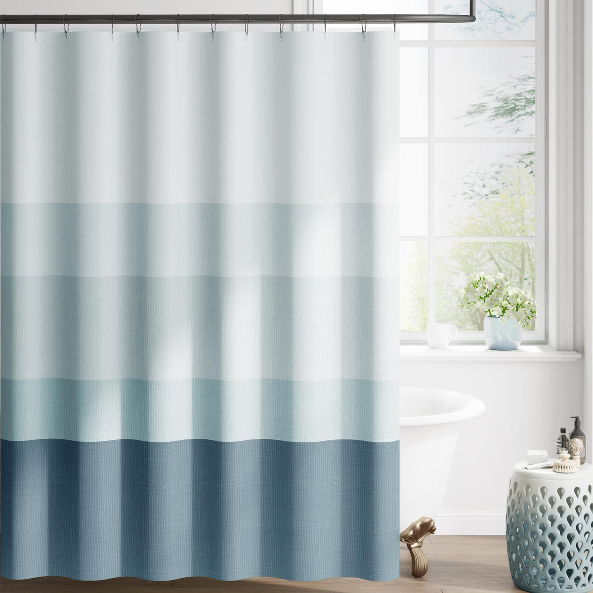 Jinchan Ombre Ocean Blue Shower Curtain with gradient stripes for a premium bathroom update