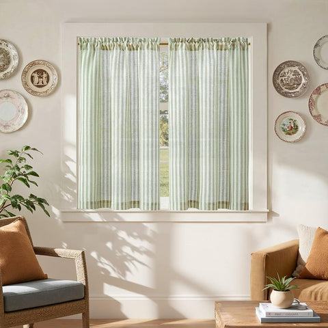 Jinchan striped linen kitchen curtains sage green two panels with rod-pocket for easy light control.
