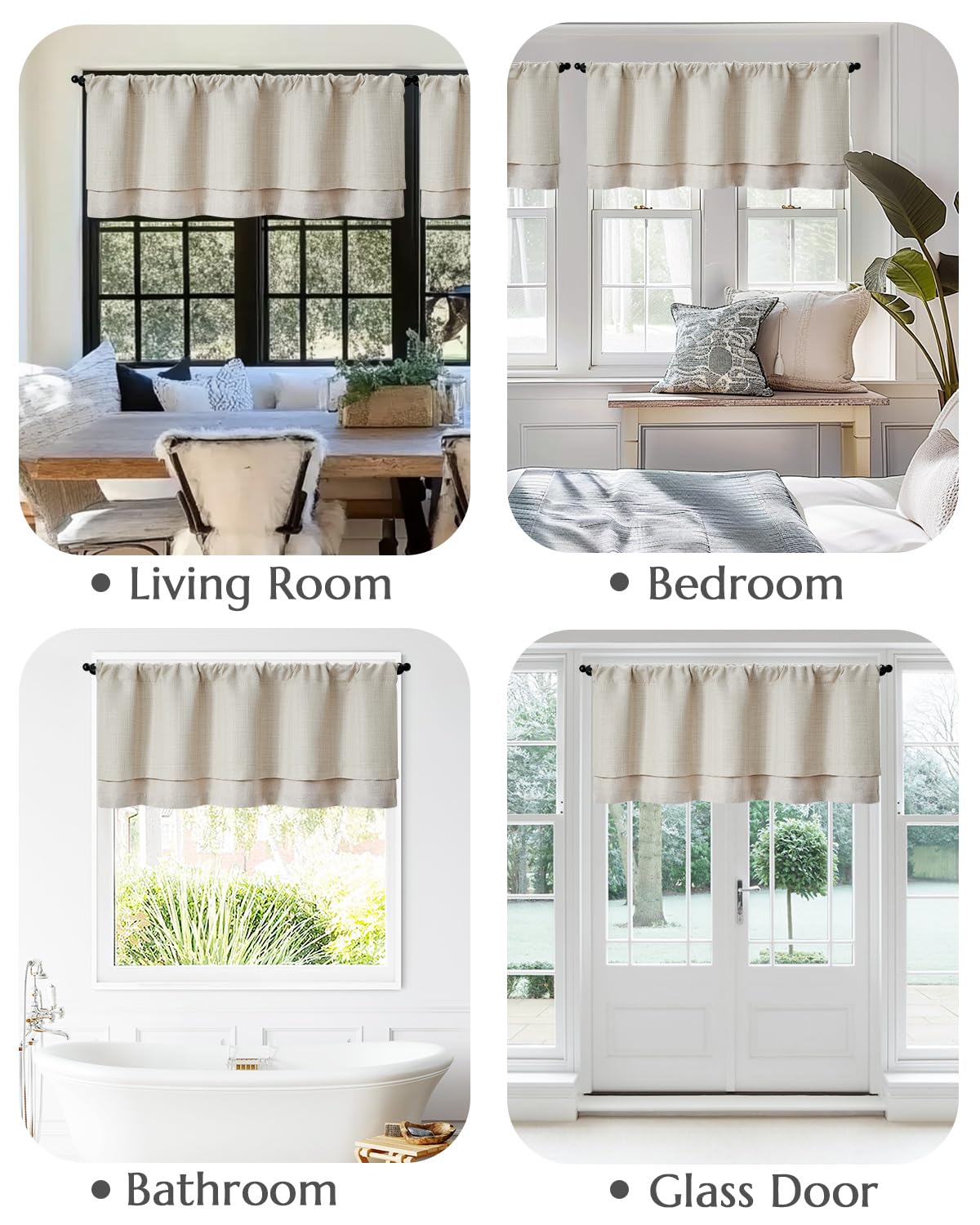 Jinchan valance curtain beige-heathered bedroom window softens sunrise hues.