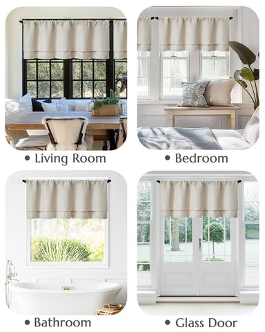 Jinchan valance curtain beige-heathered bedroom window softens sunrise hues.