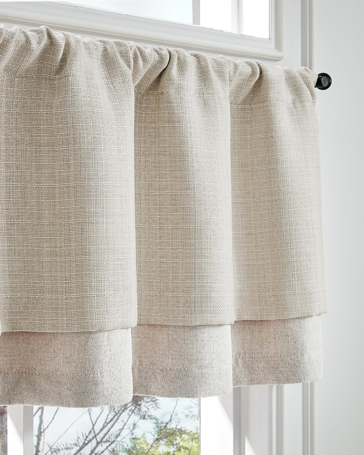 Jinchan valance curtain beige-heathered close-up weave adds subtle texture to a window.