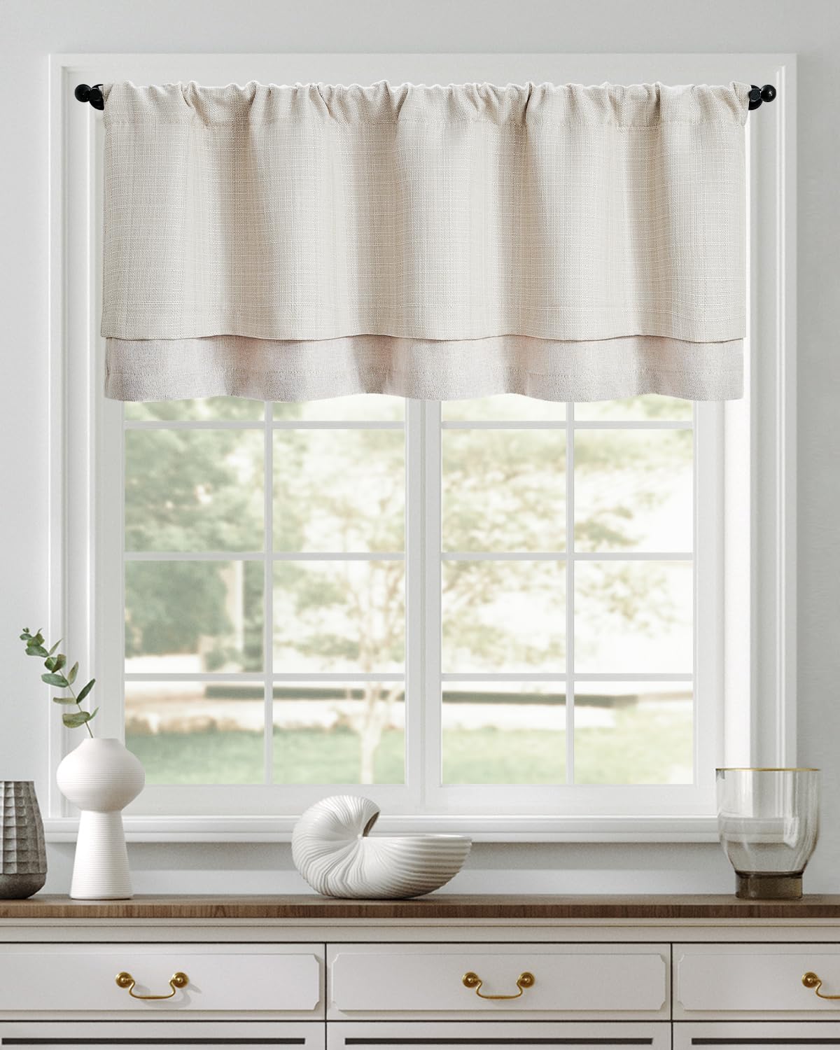 Jinchan valance curtain beige-heathered rod-pocket detail for easy, secure hanging.