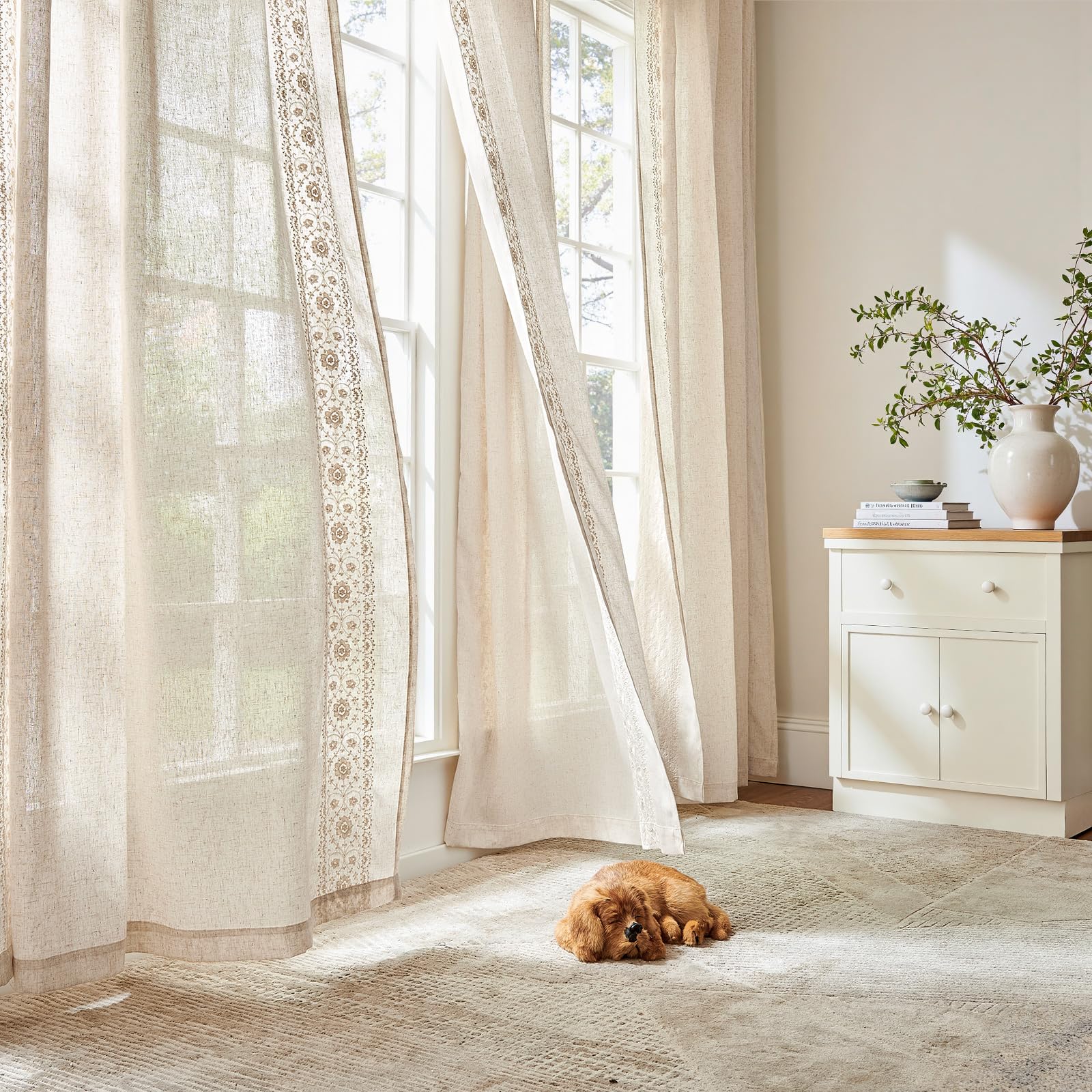 Durable linen-poly blend is easy to care for daily life.
