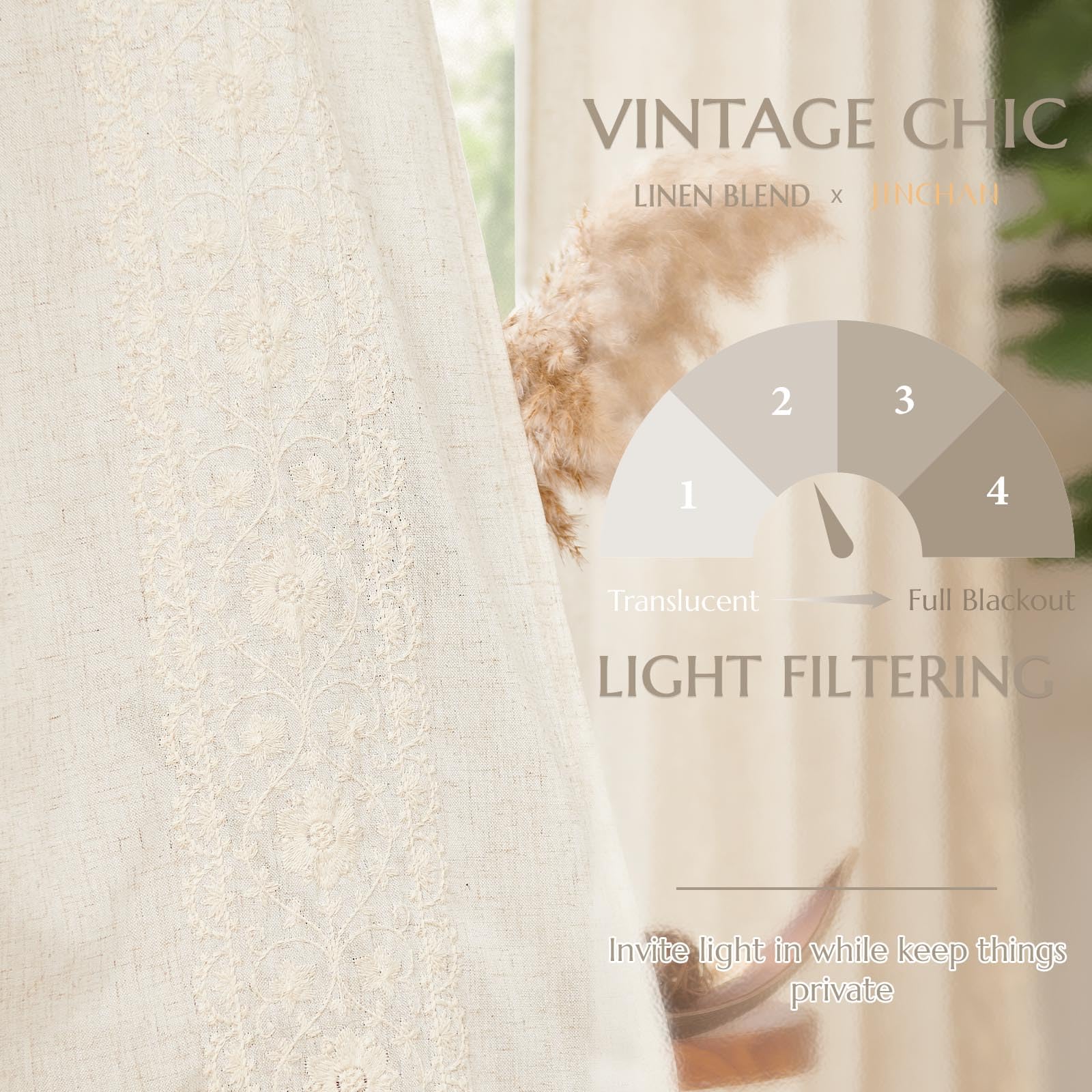 Ivory on beige palette complements neutral decor with farmhouse warmth.