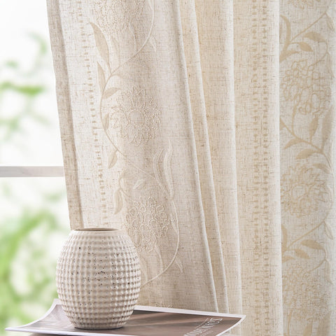 jinchan Winslow linen curtains with ivory embroidery detail for refined bedroom elegance