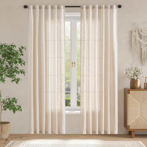 Light-filtering linen-blend fabric softly diffuses sunlight while keeping privacy