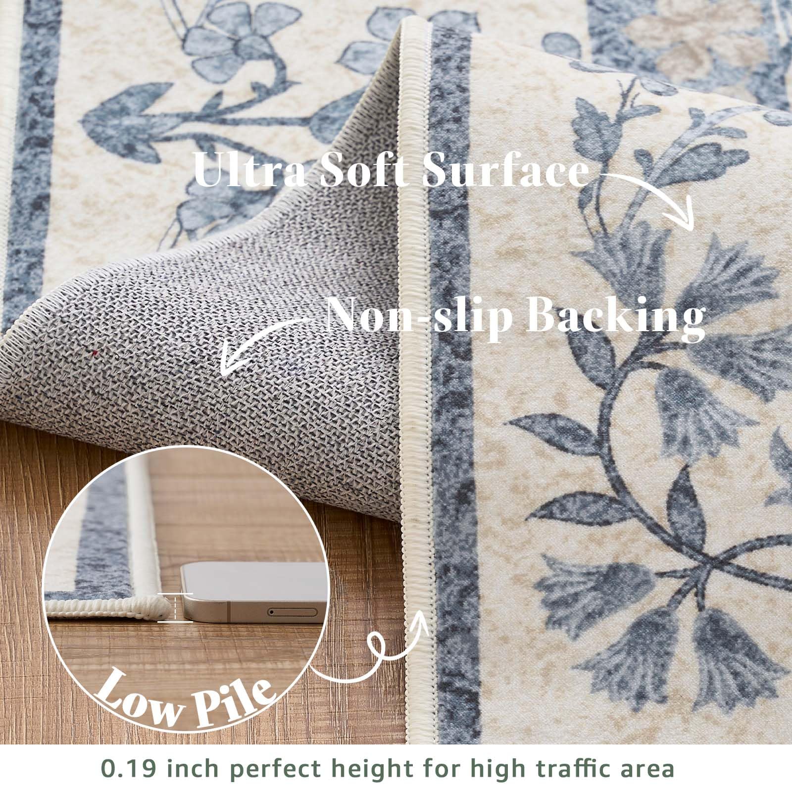 Jinchan Zenith Floral Runner 3x8 size fits hallways, kitchens, and laundry areas