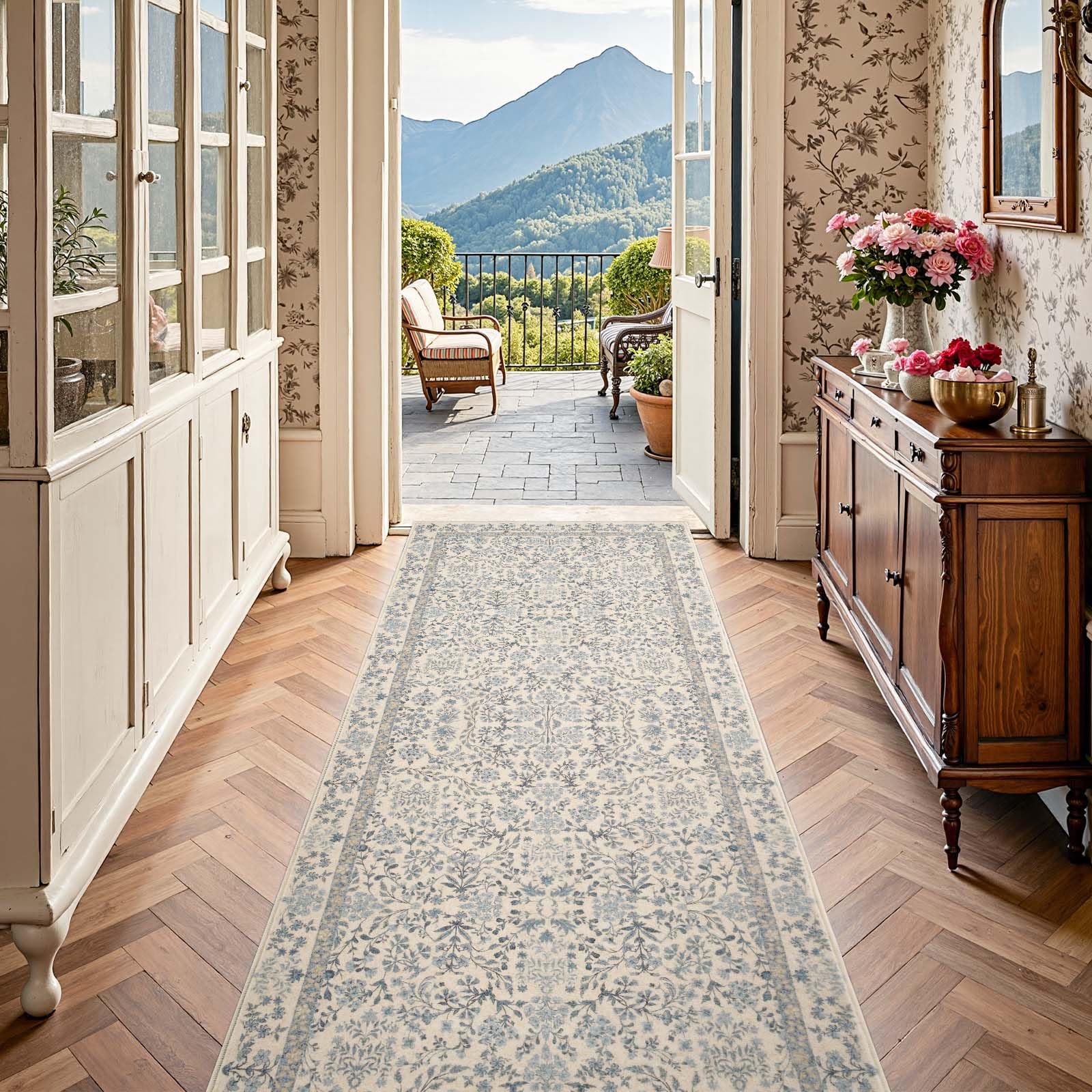 Jinchan Zenith Floral Runner blue-cream colorway complements kitchens and entryways