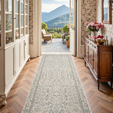 Jinchan Zenith Floral Runner blue-cream colorway complements kitchens and entryways