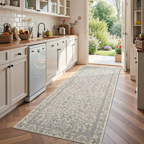 Jinchan Zenith Floral Runner front view shows vintage blooms on blue-cream palette