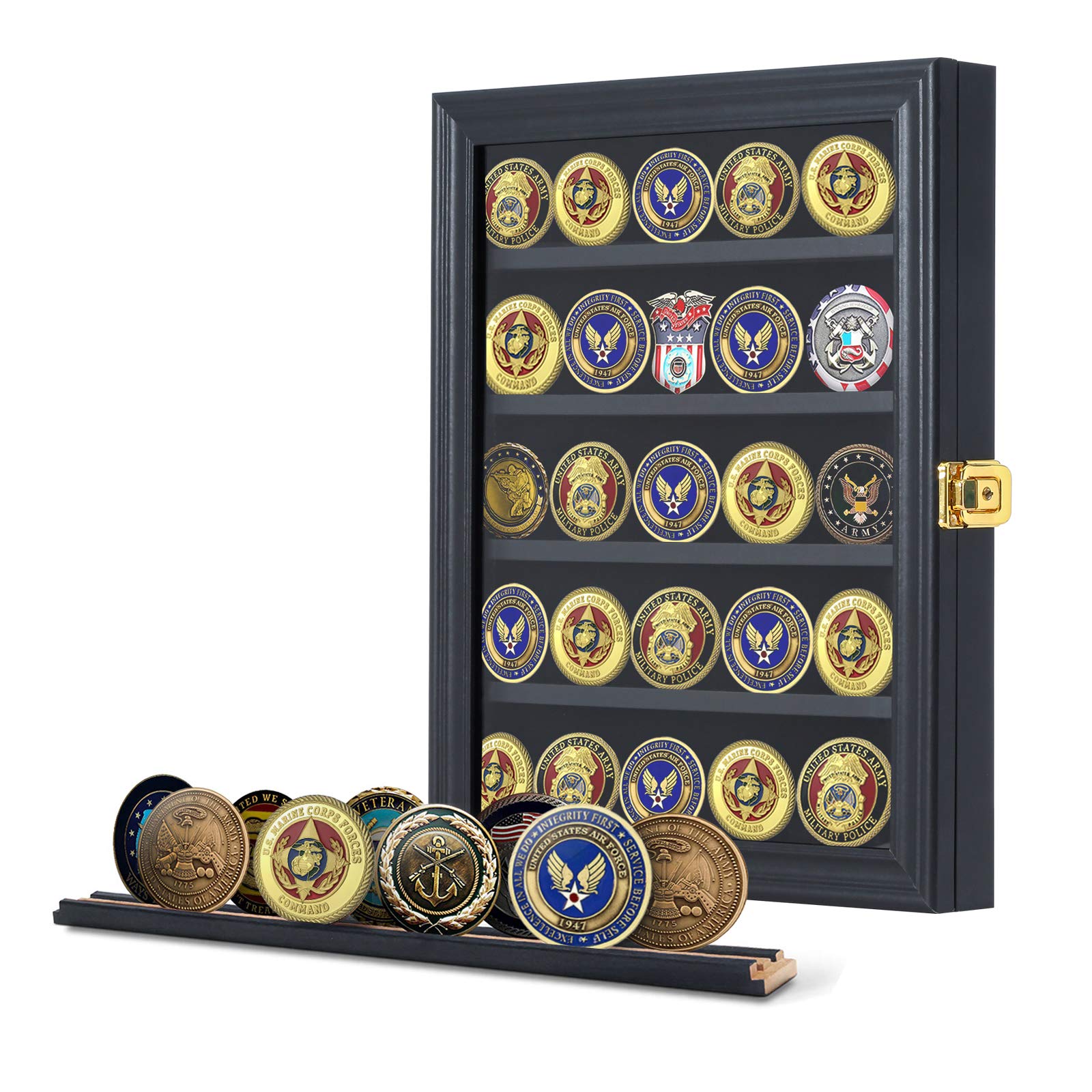 Jinchuan military challenge coin display case front view showing organized collectibles