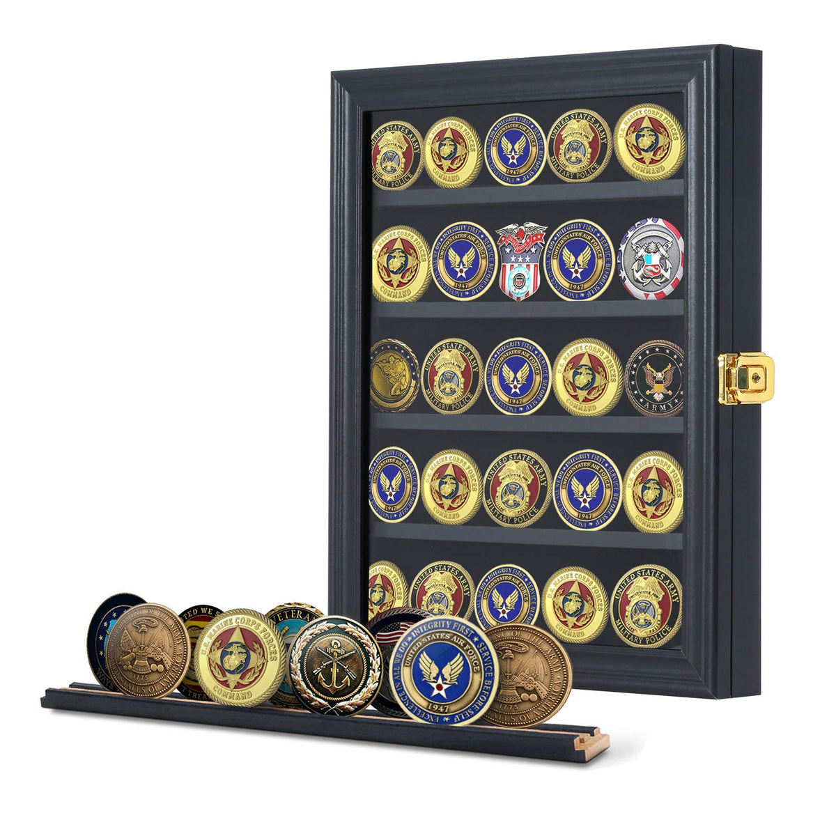 Jinchuan military challenge coin display case front view showing organized collectibles