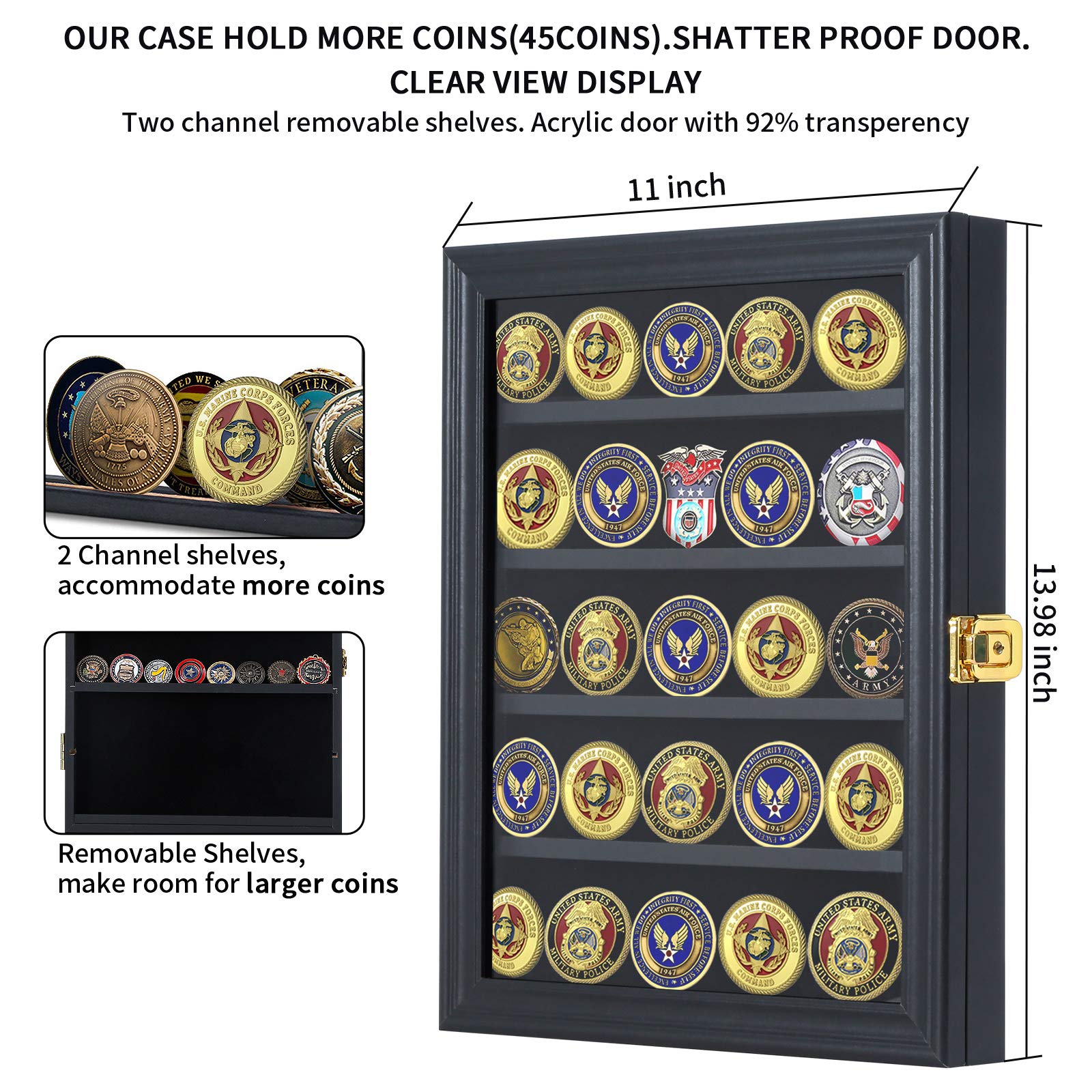 Removable shelves with two grooves for coins and medals