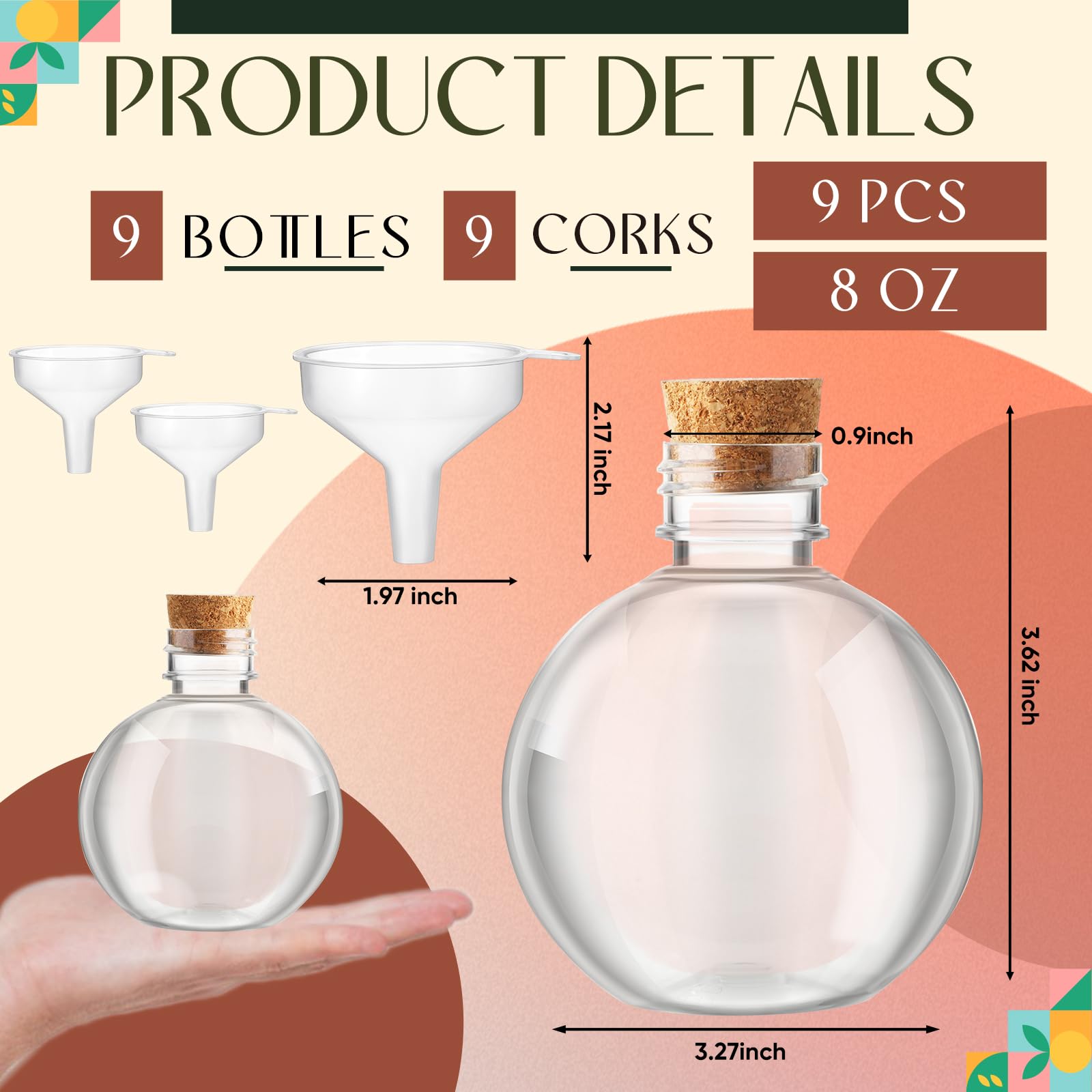 Jinei ball-shaped bottle with wood cork for rustic display ideas.