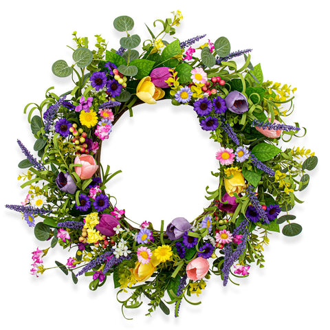 JINGHONG artificial spring wreath front door close-up showcases vibrant tulips and daisies for curb appeal.
