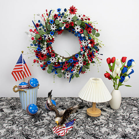 JINGHONG wreath featuring red white and blue daisies for festive curb appeal.