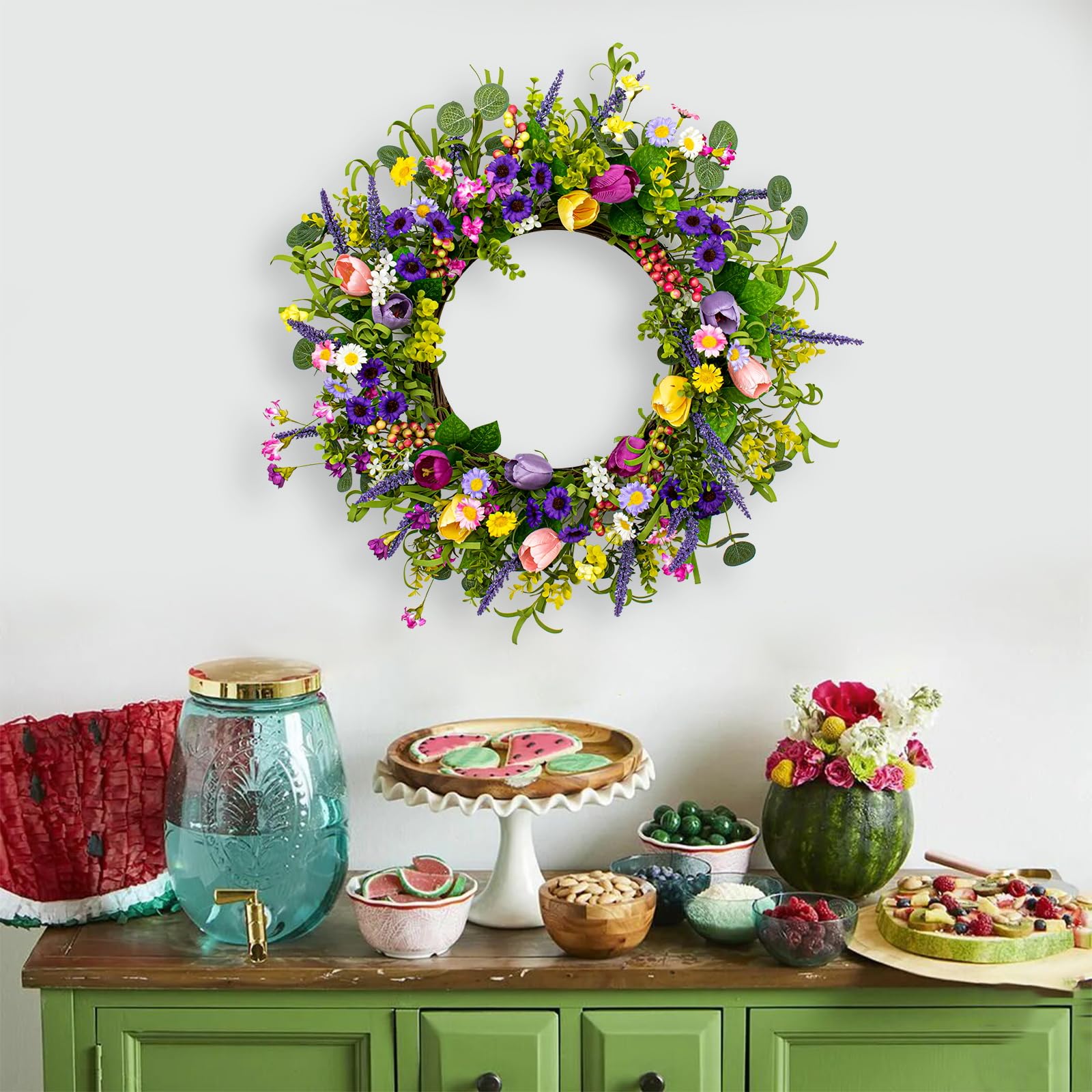 JINGHONG wreath with tulips and greenery close-up highlights lifelike petals and color.