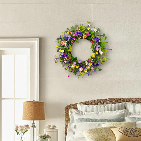 JINGHONG wreath hanging on door demonstrates easy display and versatile use.