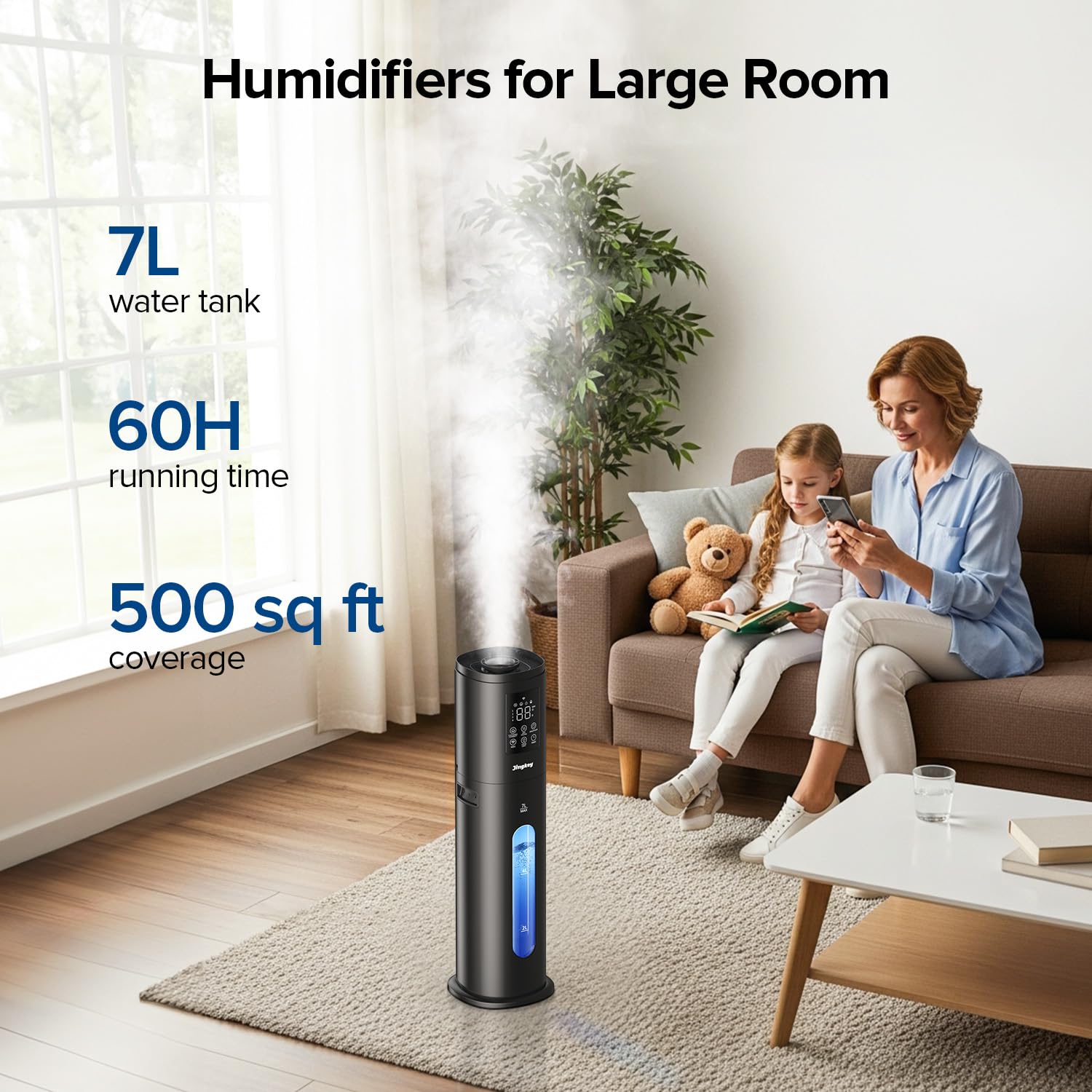 Jingkey humidifier with 360-degree nozzle directing mist across room