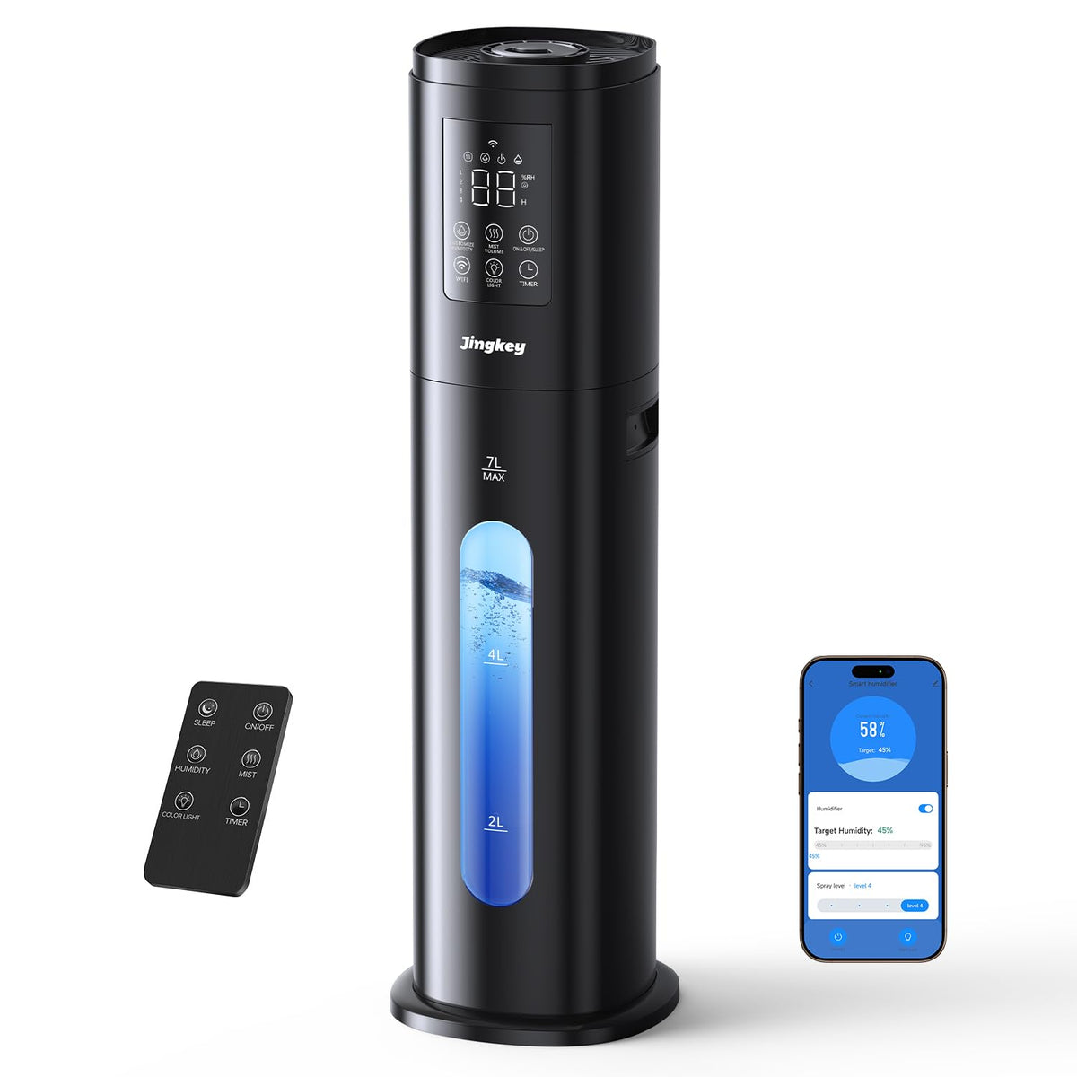 Jingkey humidifier large room front view showing compact base and mist outlet