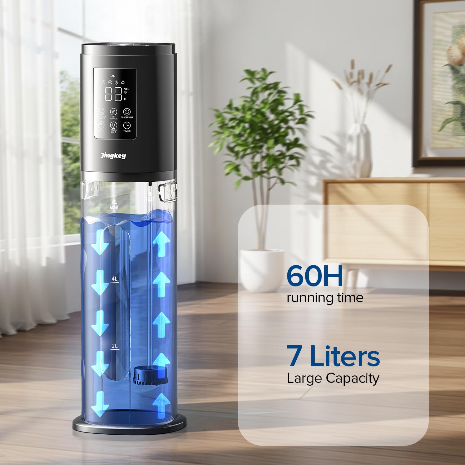 Jingkey humidifier with multi-color night light creating a calm scene