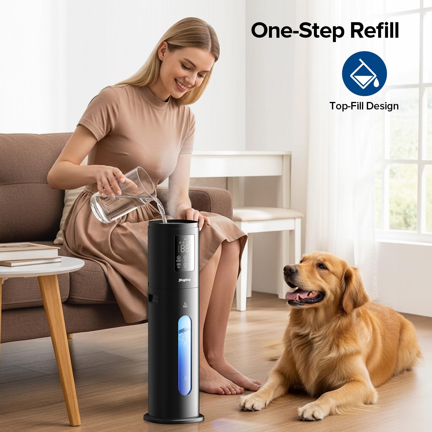 Jingkey humidifier in sleep mode emitting soft light and quiet mist