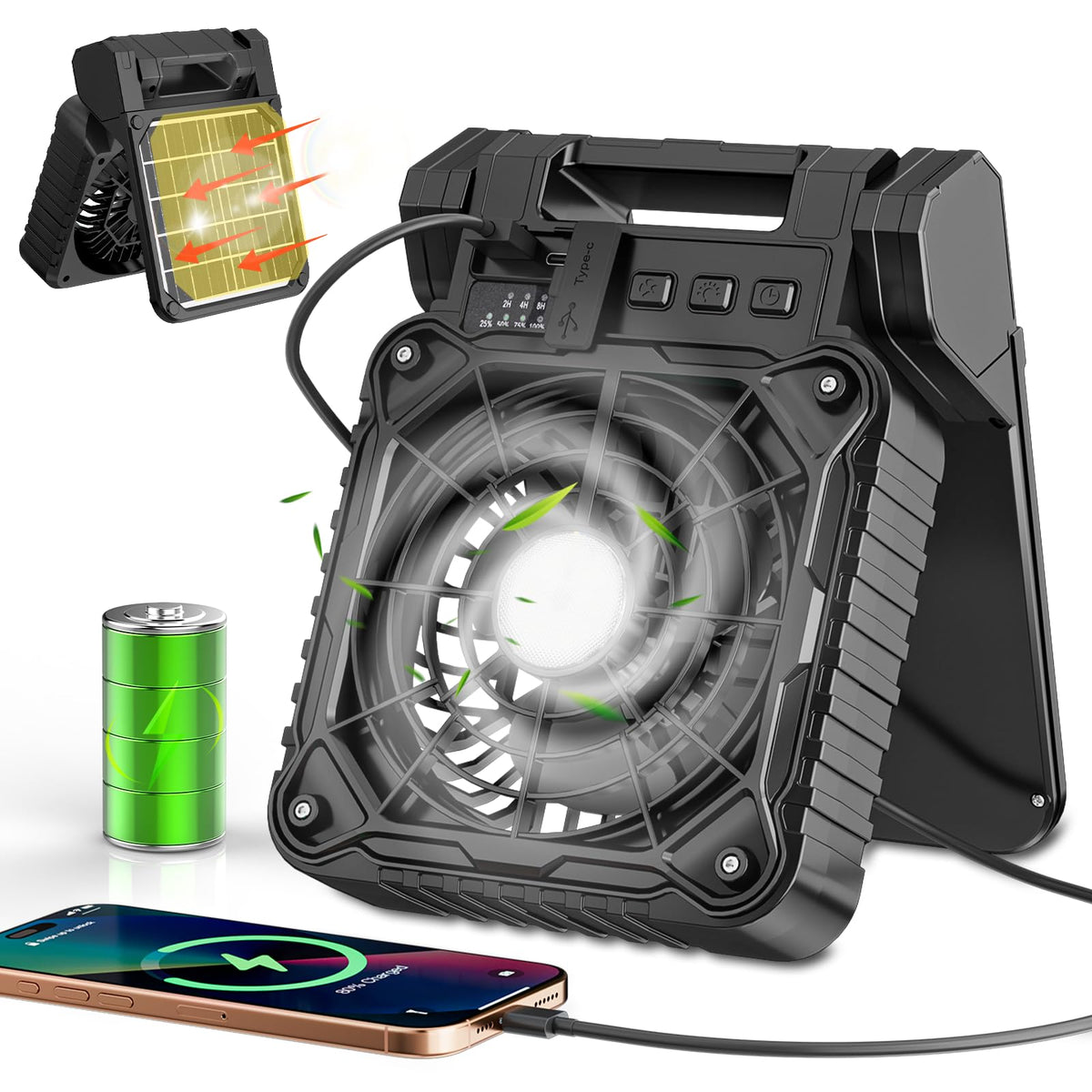 JINLICTE solar camping fan with 10400mAh battery for all day cooling