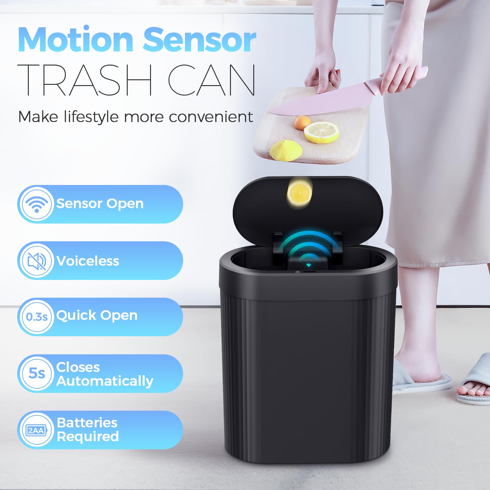 jinligogo motion sensor trash can opens hands-free for clean disposal.