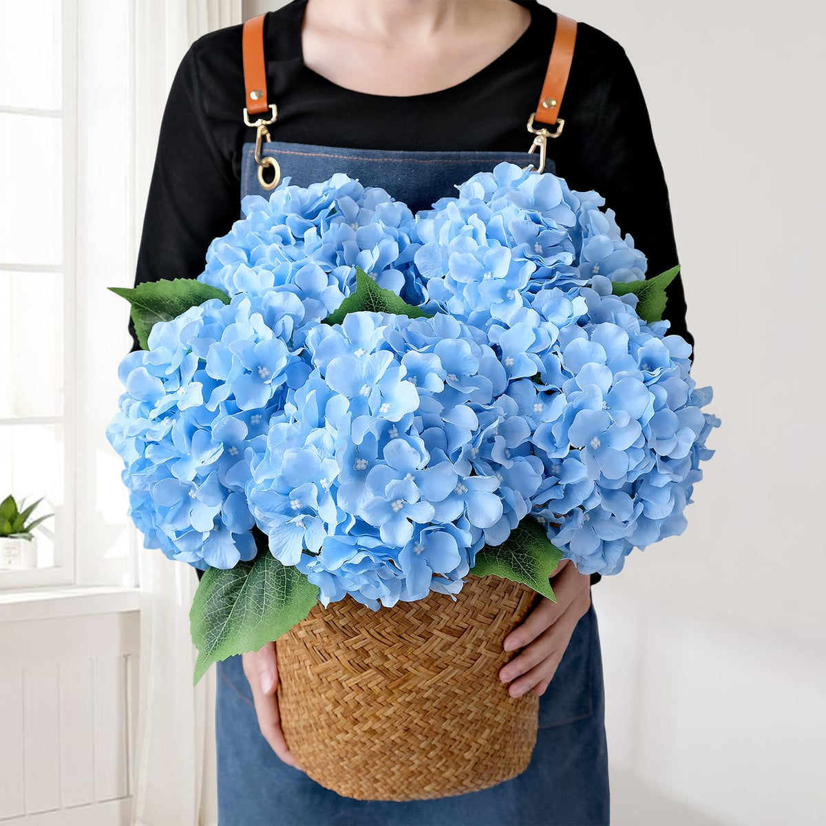 JINWOE blue hydrangea flowers, 20-inch bouquet, ideal centerpiece.