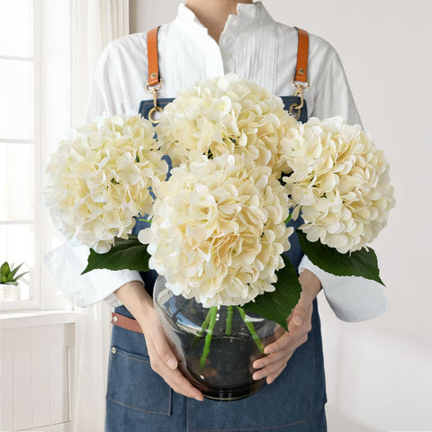 JINWOE Boho Silk Hydrangea flowers 22in cream yellow for elegant home decor and weddings.