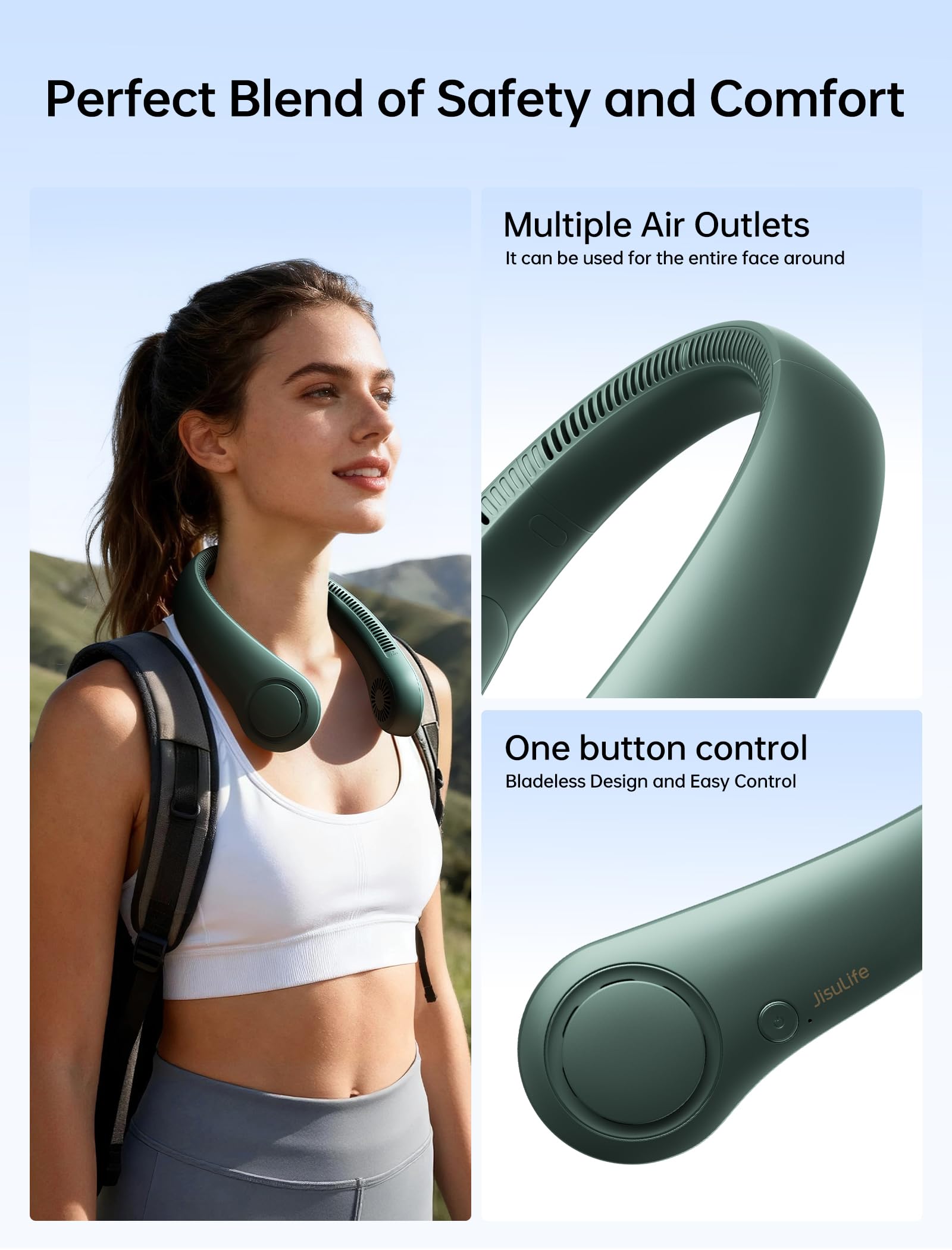 JISULIFE neck fan with 78 air outlets delivers broad, refreshing airflow.