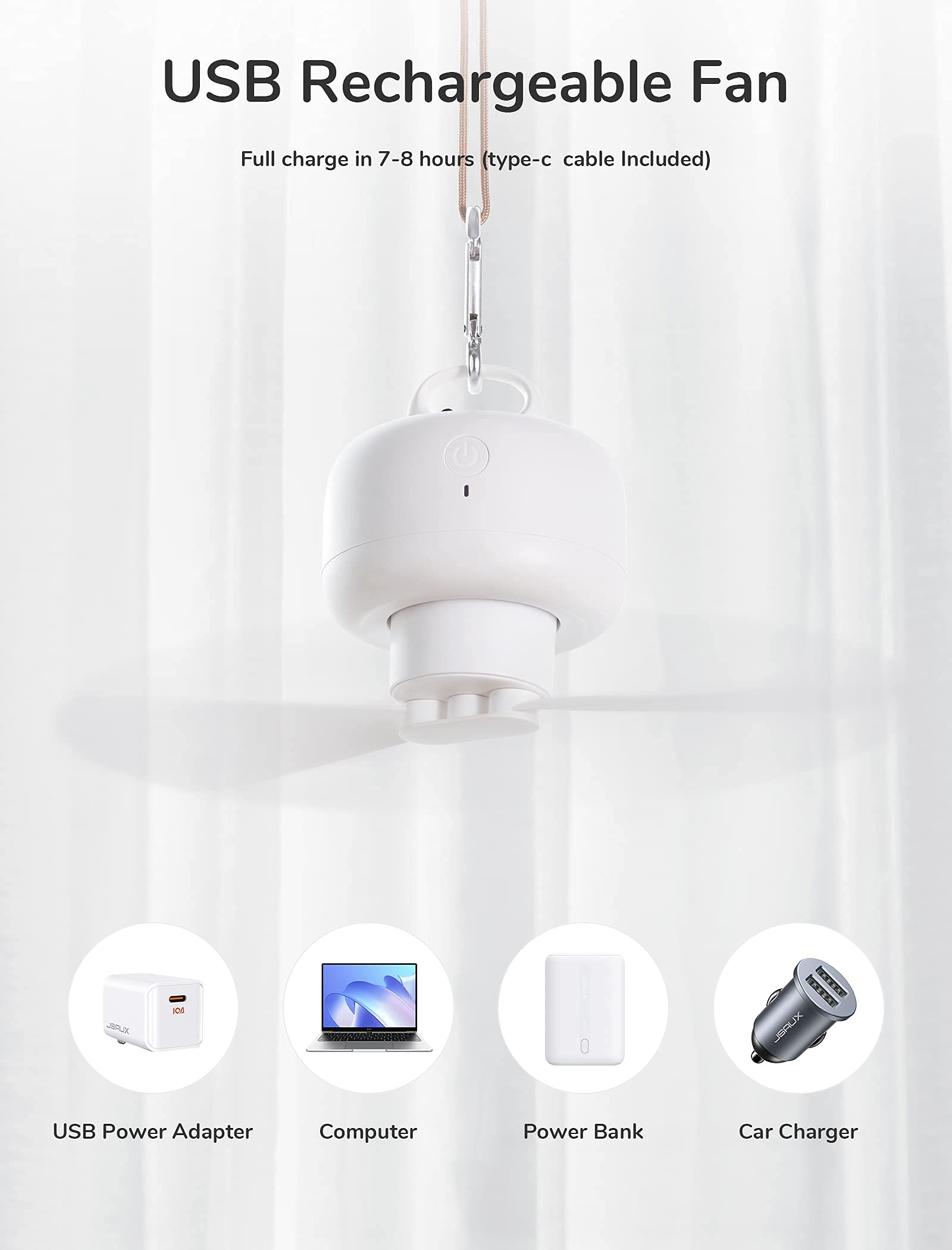 JISULIFE camping fan in a tent setup for dorm or campsite cooling
