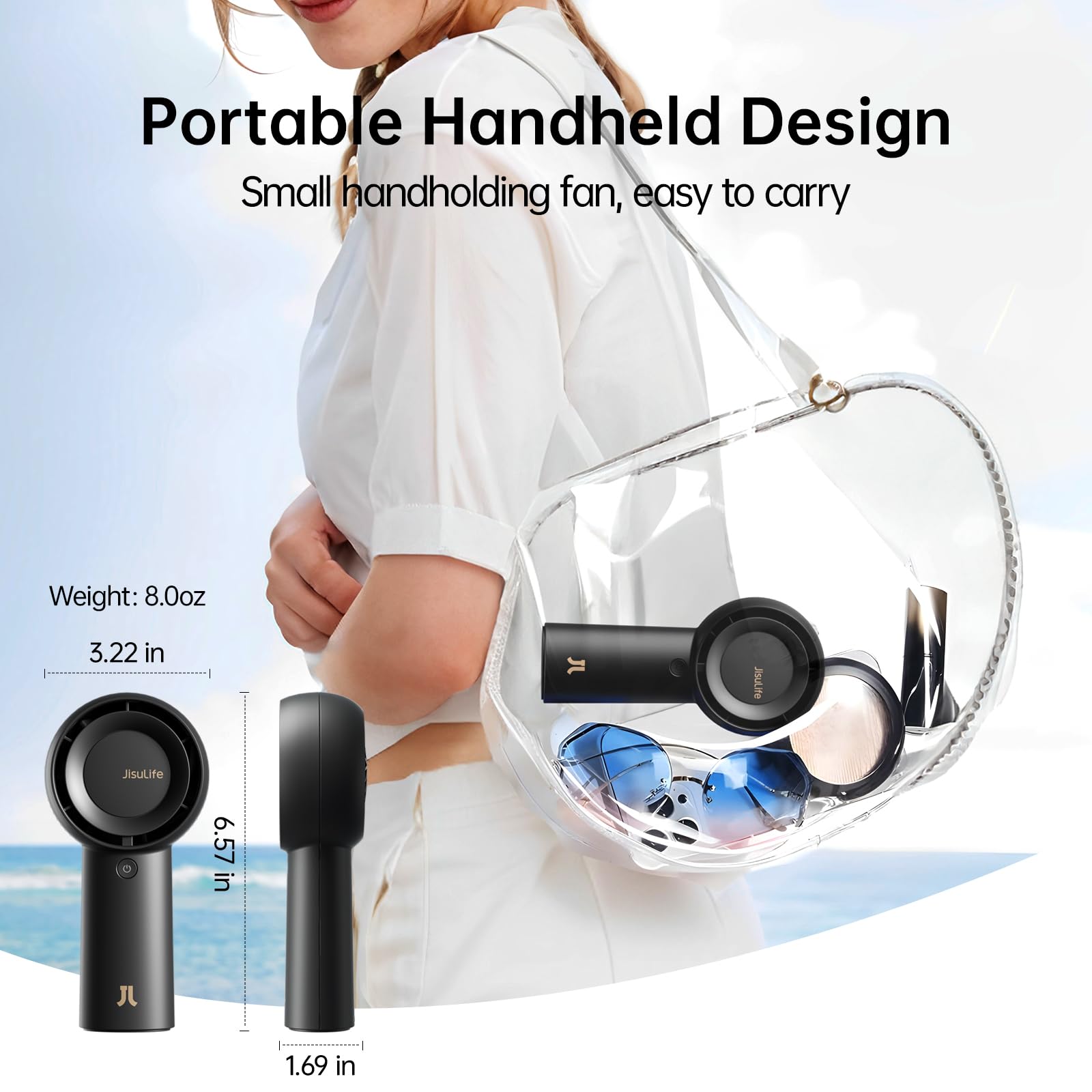JISULIFE compact personal fan ideal for travel and vacations.