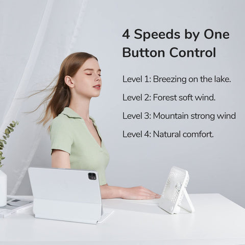 JISULIFE desk fan showing four speed settings for customizable cooling.