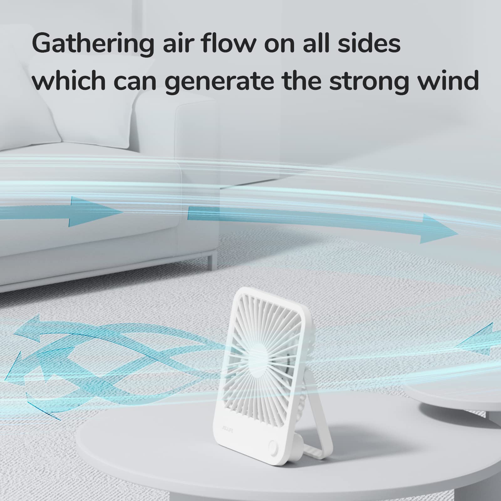 JISULIFE 4500mAh battery-powered desk fan for long-lasting on-the-go cooling.