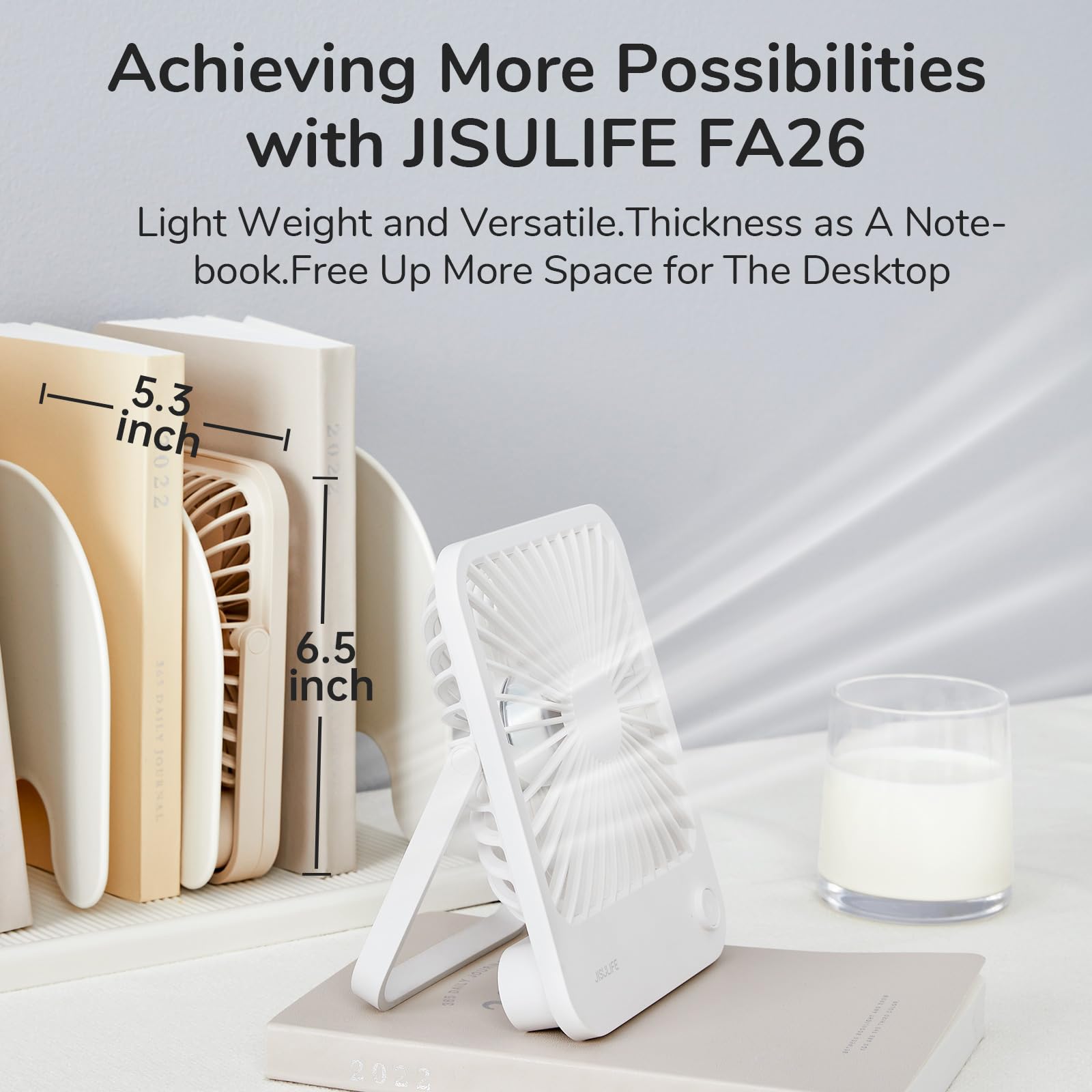 JISULIFE cordless portable desk fan designed for travel and compact use.
