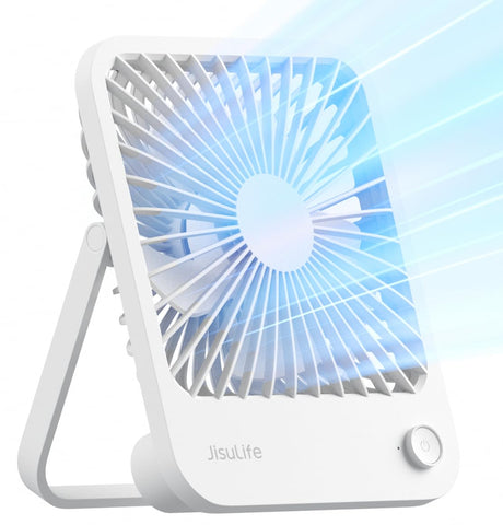 JISULIFE desk fan with 180-degree foldable swivel for flexible placement and airflow.