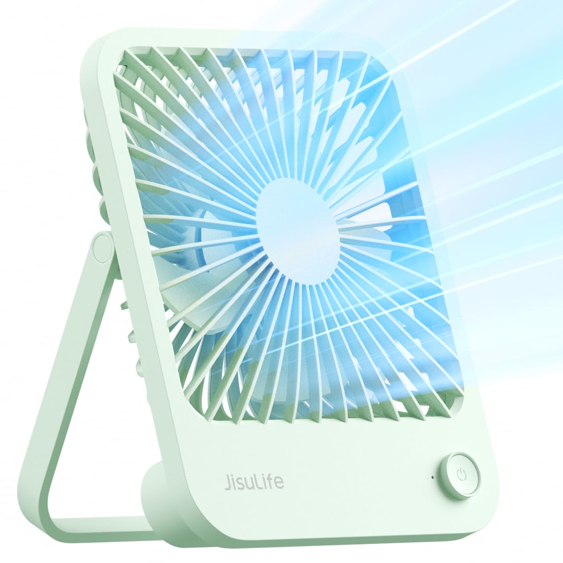 JISULIFE desk fan with 180-degree foldable design for flexible placement and airflow.