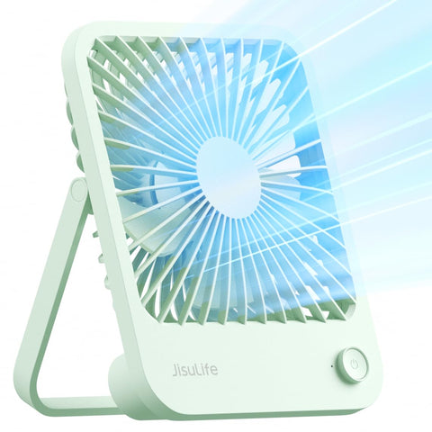 JISULIFE desk fan with 180-degree foldable design for flexible placement and airflow.