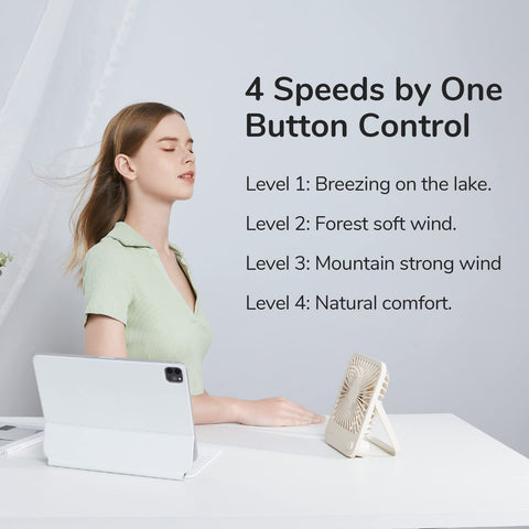 JISULIFE desk fan with 180-degree swivel for easy angle adjustment.