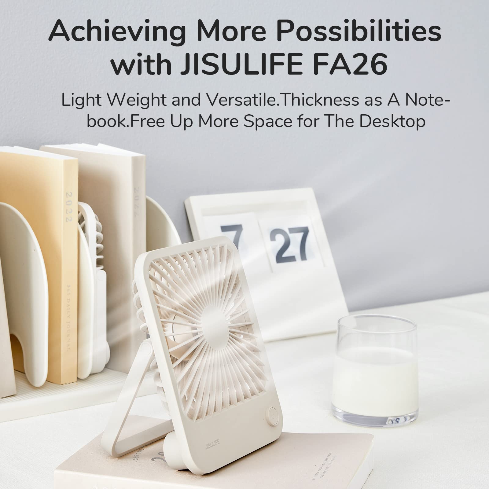 JISULIFE fan features a 4500mAh battery for long-lasting power on the go.
