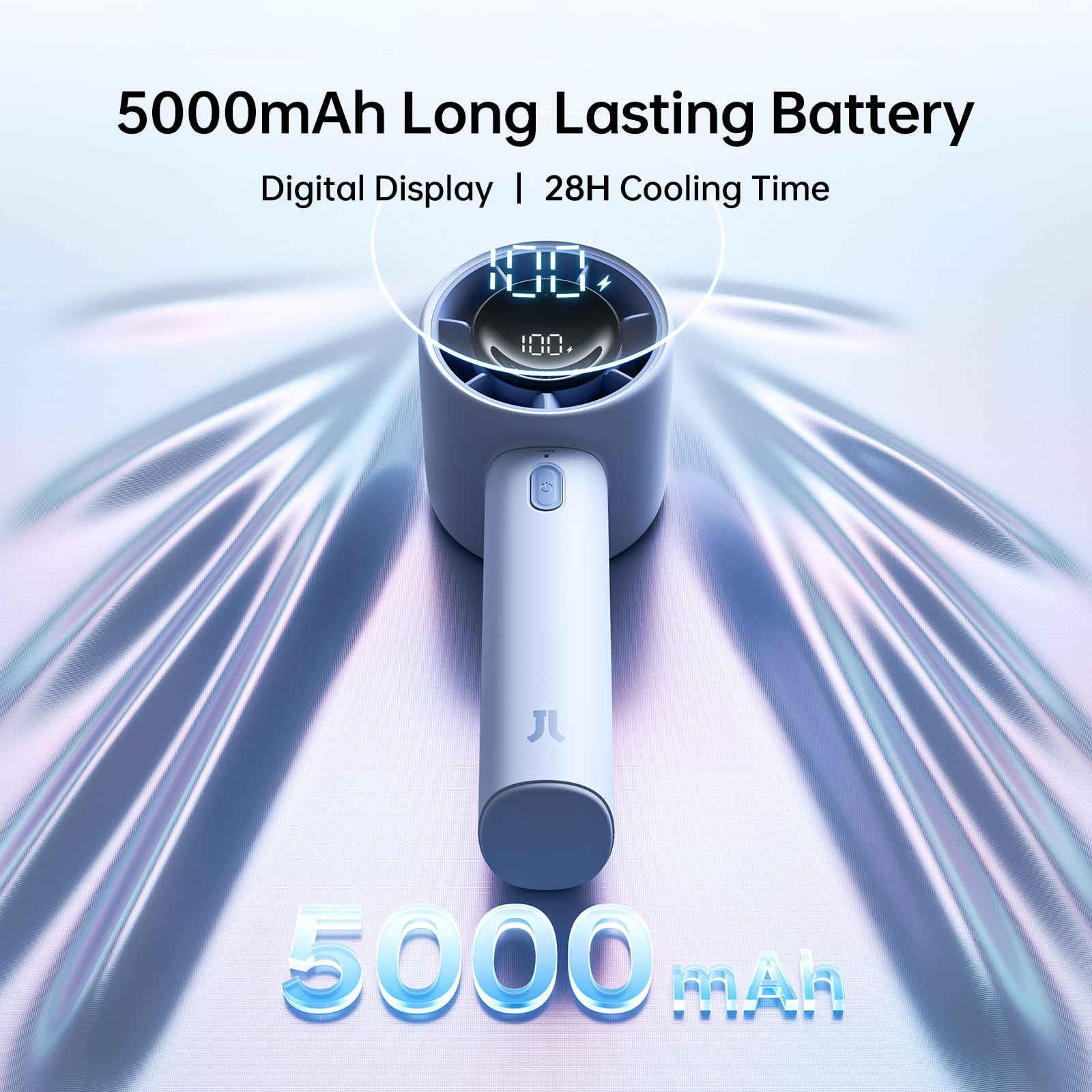 JISULIFE Handheld Fan LED display shows remaining charge.