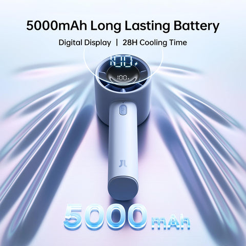 JISULIFE Handheld Fan LED display shows remaining charge.