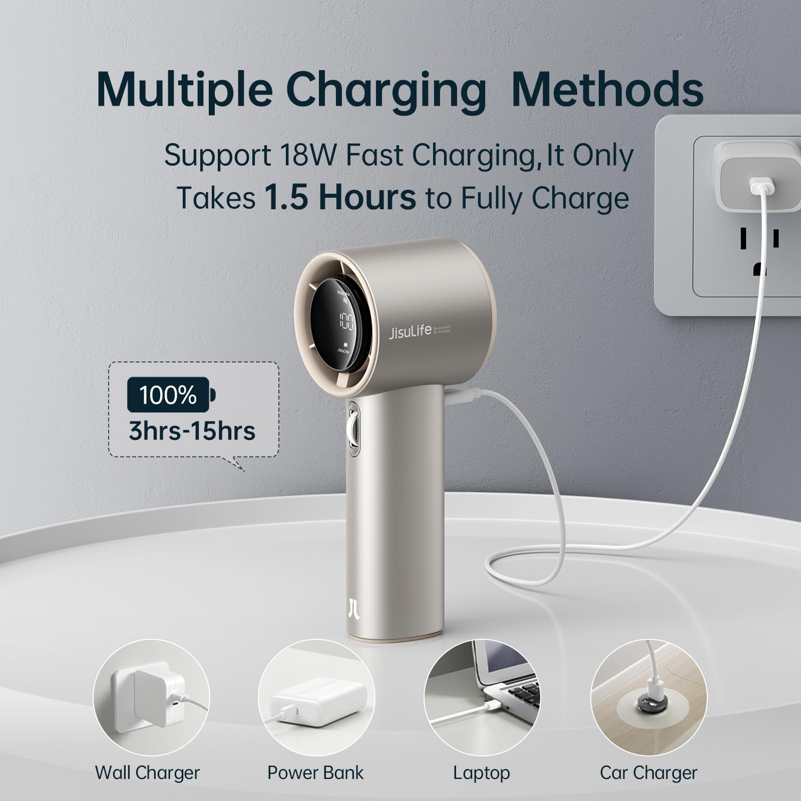 JISULIFE Handheld Fan Pro Series 18W fast charging for quick recharges.