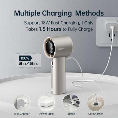 JISULIFE Handheld Fan Pro Series 18W fast charging for quick recharges.
